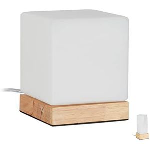 Relaxdays tafellamp kubus, voor woonkamer & slaapkamer, van hout & melkglas, E14 nachtlamp, 15 x 12 x 12 cm, wit/natuur