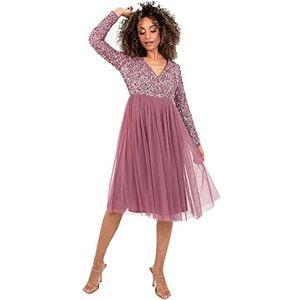 Maya Deluxe Midi elegante cocktailjurk voor dames, met diepe V-hals, pailletten, cocktailjurk, eindexamenfeest, bruidsmeisjesjurk, bruidsmeisjesjurk, bruidsmeisjesjurk, desert roze, 56 NL