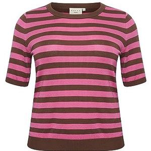 Kaffe Curve Plus-Size gebreide trui voor dames, korte mouwen, slim fit, ronde hals, Soft Silt/Shoking Pink Stripe