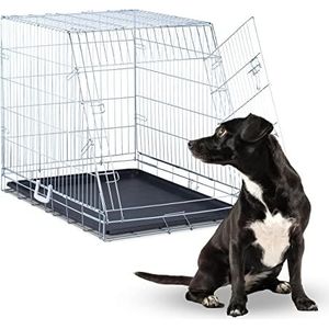 Relaxdays hondenbench, thuis & auto, HBD 72 x 63 x 93,5 cm, inklapbare bench met bodemplaat & deur, greep, staal, zilver