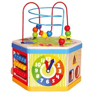 Bino 84186 Houten activiteitenkubus met klok. educatief speelgoed voor kinderen vanaf 36 maanden voor de ontwikkeling van fijne motoriek. Afmetingen: 28,5x32x26 cm, veelkleurig