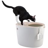 Iris Ohyama, grote plastic kattenbak met boveninvoer, inclusief schep en deksel met sleuf, L53 x D41 x H37 cm, BPA-vrij, schepsteun, voor katten, PUNT-530, wit/beige