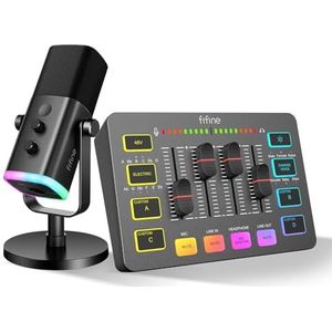 FIFINE XLR AM8 + SC3 Streaming Microfoon en Gaming Audio Mixer, USB Dynamische Microphone Gaming PC voor Podcast Studio, Streaming RGB PC Mixer met XLR Microfoon-Interface