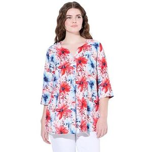 Ulla Popken Dames grote maten plus size linnen mix-blouse, A-lijn, tuniekhals, 3/4-mouw 837717, koningsblauw, 42-44