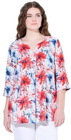 Ulla Popken Dames grote maten plus size linnen mix-blouse, A-lijn, tuniekhals, 3/4-mouw 837717, koningsblauw, 42-44