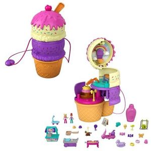 Polly Pocket Draai en Verras Compacte Speelset in de vorm van een IJshoorntje, Speeltuinthema, 3 Verdiepingen, 25 Verrassingsaccessoires, waaronder Micro Polly en Lila Poppen, vanaf 4 jaar, HFR00