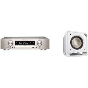 Marantz NR1510 Sanke 5.2-Kanaals 4K Ultra HD AV Receiver Met HEOS Multiroom Built-In, Google Assistant en Alexa- Zilver Goud & Polk Audio Hts 10 Actieve Subwoofer (10"" Bass Box, 200 Watt), Wit
