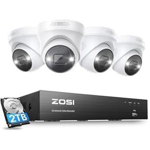 ‎‎ZOSI 4K POE Bewakingscamera Set, Outdoor Videobewakingssysteem met 8CH 2TB HDD NVR, 4X 8MP Outdoor PoE IP-Camera's, Persoonsdetectie, wit Licht