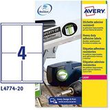 Avery L4774-20 Extra-Strong Adhesive Heavy Duty Weerbestendige Etiketten, 4 Etiketten Per A4-vel - wit