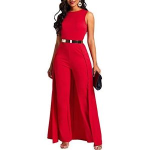 VERWIN Effen jumpsuit met lapjespatroon en versieringen voor dames, met hoge taille, vrouwelijke romper, Rood, L