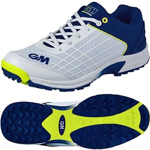 Gunn & Moore GM Rubber Sole All Rounder Cricket schoenen, optimale grip en lichtgewicht gevoel, voor bowlers en Batsmen, boogondersteuning, wit/blauw/fluro geel, maat 2 UK, 35 EU