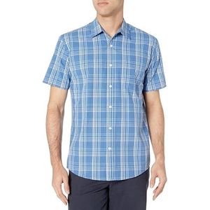 Amazon Essentials Men's Poplin overhemd met normale pasvorm en korte mouwen, Aquablauw Geruit, L
