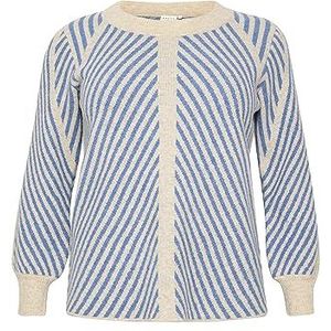 Kaffe Curve Plus-Size damestrui, regular fit, lange mouwen, ronde hals, beige/korenbloem streep