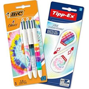 BIC Tie Dye bureauset met BIC 4 kleuren decor Tie Dye balpennen en mini-pocket muisdecoraties correctietapes - verschillende ontwerpen, bundel van 3+2