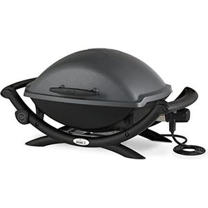 Weber Q2400 Elektrische barbecue met standaard en zijtafels, 54 x 39 cm grilloppervlak, draagbaar, 2-delig porselein geëmailleerd gietijzeren grillrooster, deksel en behuizing van gegoten aluminium,