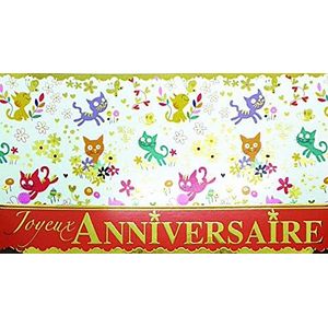 Panoramakaart""Joyeux Anniversaire"", goudkleurig, glanzend, katten, spelers, bloemen, vlinders, harten