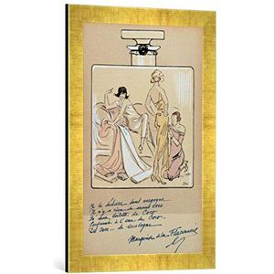 Ingelijste foto van Sem ""Caricature of Coco Chanel (1883-1971) in a bottle of Chanel No.5, from 'Le Nouvel Monde', 1923"", kunstdruk in hoogwaardige handgemaakte fotolijst, 40x60 cm, goud raya