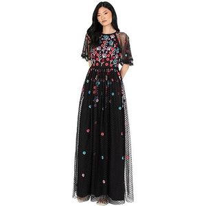 Maya Deluxe Damen Maxi dames baljurk voor dames, voor bruiloftsgast, korte mouwen, gestippeld, bloemen, pailletten, versierd, galajurk, Zwart, 40