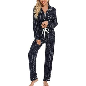 Leikar Pyjama met knopen voor dames, shirt met lange mouwen en pyjamabroek, zachte pyjamasets voor dames, S-XXL, Marineblauw Witte Stippen, S