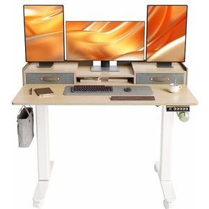 Morsut Elektrisch sta-bureau met laden en monitorstandaard 120x60 cm, in hoogte verstelbaar bureau op wielen, zit/sta computertafel met geheugenfunctie en botsingsbescherming, beige