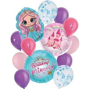 Folat 63622 Ballonnen set prinses roze paars blauw kleuren latex en folie helium ballonnen 13 stuks inclusief ballonlint prinses decoratie voor kinderen verjaardag, themafeest, meerkleurig