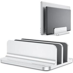 OMOTON Verticale dubbele standaard voor laptops, dubbele desktop-laptopstandaard met verstelbaar dock (voor laptops tot 17,3 inch) voor alle MacBook Air/Pro (zilver)