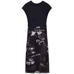 Midi-jurk - Korte Mouwen - Ronde Hals - Slim Fit - Effen Kleur en Tekst- en Bloemenprint