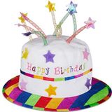 Relaxdays Happy Birthday hoed, verjaardagshoed met kaarsjes van pluche, one-size, leuk voor jarige, wit, regenboogrand