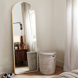 KIAYACI Gebogen volledige lengte spiegel vloerspiegel met standaard slaapkamer dressing spiegel full body wandspiegel (goud, 150 x 50 cm)