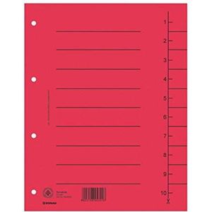 DONAU 8610001-04 100 stuks tabbladen, kleur: rood/kartonnen tabbladen, overbreed, van gerecycled karton 250 g/m², met lijnopdruk voor DIN A4, 4-voudige perforatie, scheidingsbladen, tabbladen,