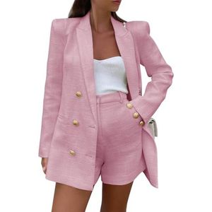 Cicy Bell Tweed Blazer Shorts Sets Lange Mouwen Double Breasted Pak Jassen Business Outfit, roze, L