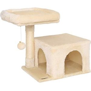 lionto krabpaal voor katten met comfortabele ligplaats & hol, hoogte 50 cm, kattenboom met pluche bal incl. belletje, sisaltouw & zacht pluche, geschikt voor kleine & grote katten, beige