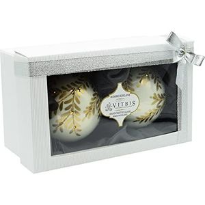 Vitbis Kerstboomdecoratieset van twee 10 cm diameter, melkachtig wit met gouden bloemendecoratie en glitter, handgemaakt, met de hand beschilderde ballen, kant-en-klare doos met lint