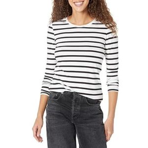 Amazon Essentials Women's T-shirt met lange mouwen en ronde hals in klassieke pasvorm (verkrijgbaar in grote maten), Wit Streep/Zwart, XS