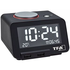 TFA Dostmann digitale wekker met USB oplaadfunctie HOMTIME, 60.2017.01, melodie alarm met instelbare geluidsterkte, snooze functie, binnentemperatuur, zwart, (L) 103 x (B) 90 x (H) 66 mm