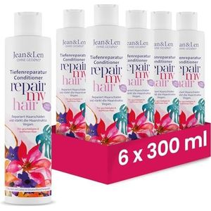 Jean & Len Conditioner Repair Kokos & Macadamia, in set, voor beschadigd en futloos haar, herstelt haarbeschadigingen, maakt het haar soepel, kokosgeur, zonder siliconen, veganistisch, 6 x 300 ml