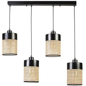 Opviq Elegant rotan & metalen kroonluchter, verstelbare hoogte, 70 cm totale hoogte, 14 cm dopdiameter, E27-fitting, stijlvol zwart en natuurlijk rotan design voor moderne ruimtes