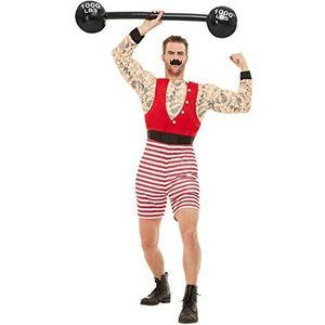 Deluxe Strongman Costume, Red & White, with Short Jumpsuit & Moustache, (M)