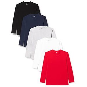 Lower East Heren Shirt met lange mouwen, V-hals, Zwart/wit/grijs melange/donkerblauw/rood, set van 5, M