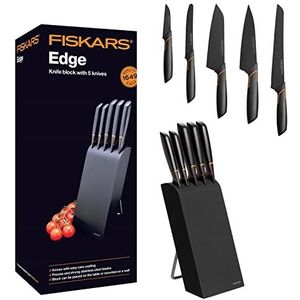 Fiskars 1003099 Messenblok met 5 messen, breedte: 15,5 cm, hoogte: 37 cm, berkenhout, zwart, Edge,Geen