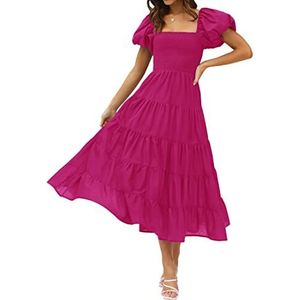 ZESICA Vrouwen 2023 Zomer Vierkante Hals Korte Bladerdeeg Mouw Effen Kleur Hoge Taille Casual Gesmokte Flowy A Lijn Gelaagde Midi Jurk, roze, M