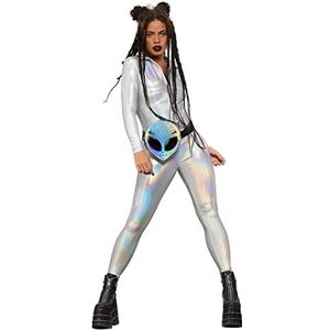Fever Miss Whiplash Mirror Holographic Costume, Zip Up Catsuit, (M)