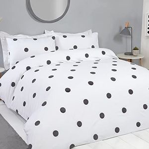 Sleepdown Tufted Polka Dots Circles White Charcoal Soft Cosy Easy Care Luxe Dekbedovertrek Quilt Beddengoed Set met kussenslopen - Super King (260 cm x 220 cm)