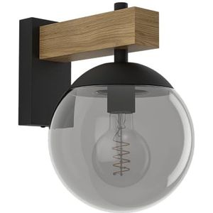 EGLO Buitenlamp Bufalata, kogel wandlamp, wandspot voor buiten, wand buitenverlichting van metaal in zwart en hout-look, kunststof met rookglas effect, E27 fitting, IP44