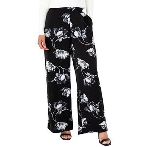 Lovedrobe Dames wijde pijpen broek dames satijnen broek bloemenprint elastische taille bodems smart casual kantoorkleding feest, zwart 22, Zwart, 48