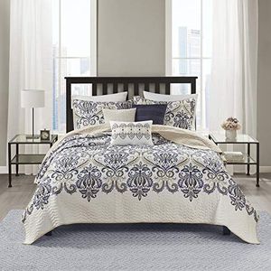 Madison Park Quilt traditioneel damast ontwerp het hele seizoen, lichtgewicht sprei sprei beddengoed set, bijpassende shams, kussens, koning/cal koning (104 x 94 inch), marine/wit 6 stuk