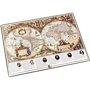 Läufer 45349 Bureauonderlegger met landkaart wereldkaart, antieke antislip bureauonderlegger met antieke wereldkaart, 40 x 53 cm, met transparant zijvak