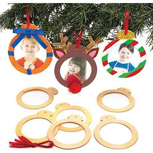 Baker Ross AT220 kerstbal, decoratieve hanger van hout met fotolijst (10 stuks) kerstboomversiering knutselset voor kinderen, gesorteerd