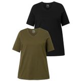 Ulla Popken - Shirt - Olijfgroen/Zwart - 2 Pack - Halve Mouw - V-hals