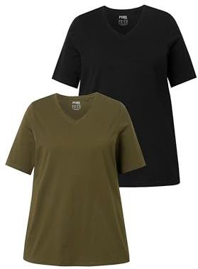 Ulla Popken - Shirt - Olijfgroen/Zwart - 2 Pack - Halve Mouw - V-hals